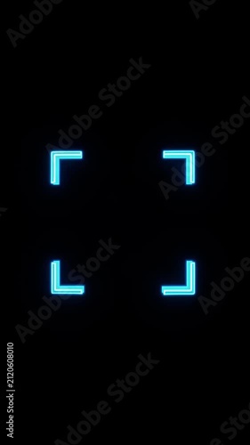 Glowing blue neon barcode scanner frame animating on a black background in seamless loop animation, ideal for technology interface overlays and digital scanning concepts