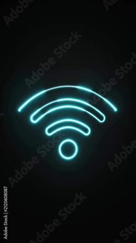 Glowing cyan neon WiFi symbol pulsing on black background in seamless loop animation, ideal for technology connectivity concepts