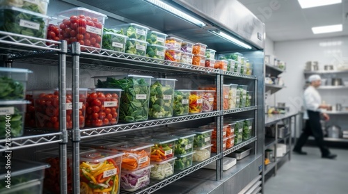 An organized restaurant kitchen system with plastic food containers in a clean steel cold storage.