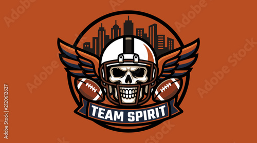 American Football Skull Mascot with Wings and City Skyline