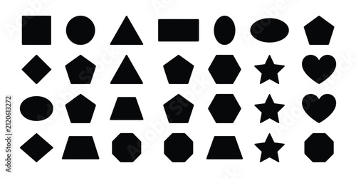 Colorful geometric shapes including circles, squares, triangles, stars, hearts, polygons, rectangles, diamonds and ovals. Basic educational shapes vector illustration.
