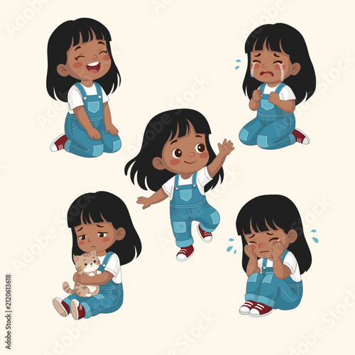 Set of cute little girl illustrations showing different emotions, facial expressions and poses including laughing, crying, waving, feeling sad and hugging a kitten. Perfect for children's books
