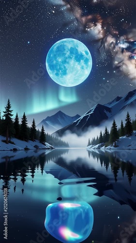 Massive strikingly blue full moon glowing ethereally in crystal clear starry sky over misty snowy mountains and reflective lake with aurora in serene people free 3D CGI night landscape