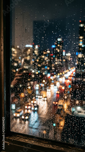 Gotas de lluvia en ventana con luces de ciudad desenfocadas de fondo