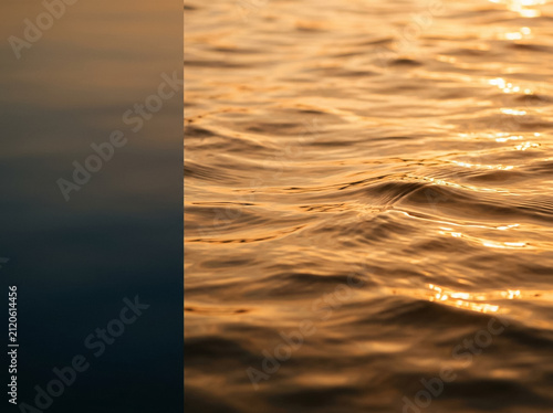 Fondo de agua con reflejo dorado al atardecer y espacio cálido para texto