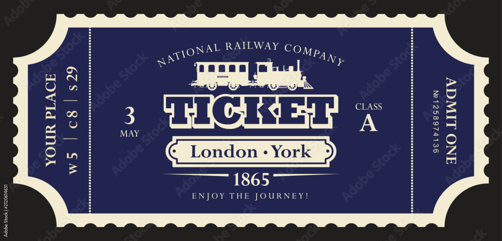 Fototapeta premium Vector retro train ticket template featuring a vintage steam locomotive and carriage, inscriptions, and dates. Premium version. 
