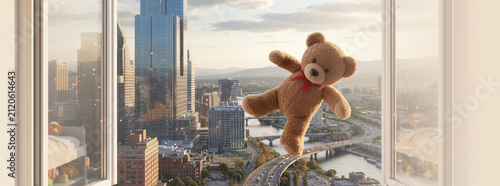 Teddy bear leaning against sturdy window screen in high rise apartment. Child safety concept for home window blocker to prevent fall. Innovative mesh protection. Banner with copy space