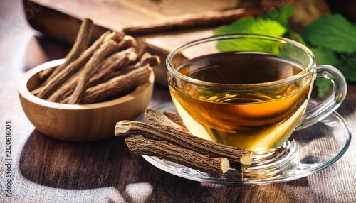 licorice root sticks preparing infusion in glass natural herbal medicine and healthy food concept