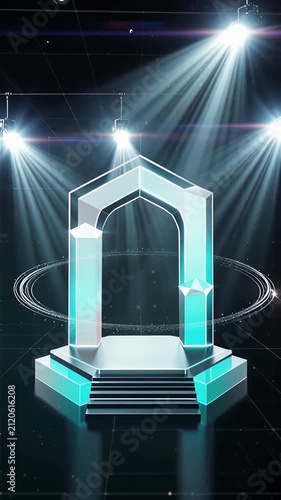 Dramatic volumetric god rays from powerful spotlights illuminating a grand minimalist geometric portal archway on a glowing cyan platform in a dark futuristic digital void