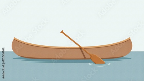 Wooden canoe floating on calm blue water with paddle resting inside with oar resting transportation illustration
