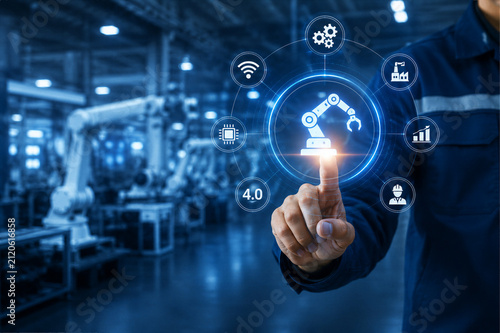 Cuadro en lienzo Engineer touching cloud computing icon with automation and IoT technology interface in smart factory, industry 4