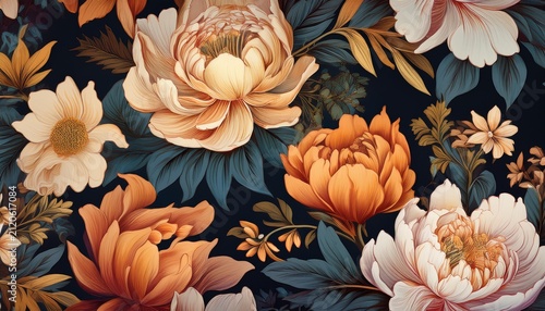 a luxurious and opulent seamless pattern featuring vintage style richly colored peonies and lilies on a dark background perfect for high end fabrics luxury packaging and sophisticated wallpapers