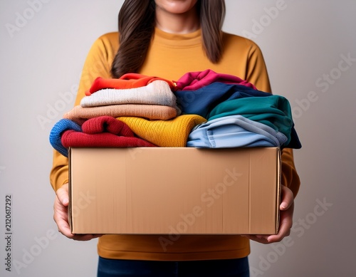 volunteer hands holding a clothes donation box filled with clothing items of all colors