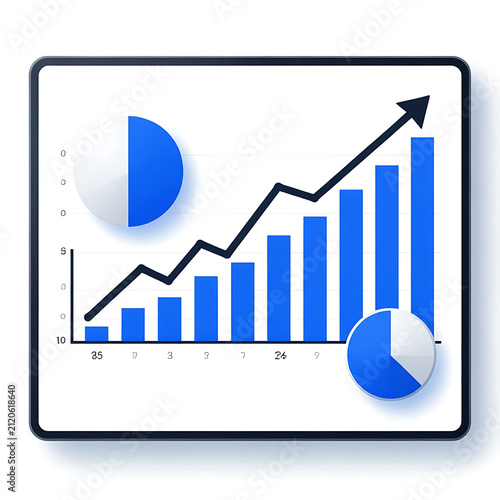 Business growth chart with upward trend and rising arrow. Financial success data visualization showing profit increase and market expansion.