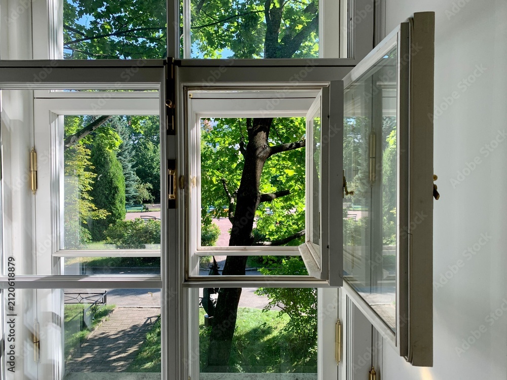 Obraz premium Open white wooden window with view of green sunny garden park and trees. Bright summer day interior background concept. 