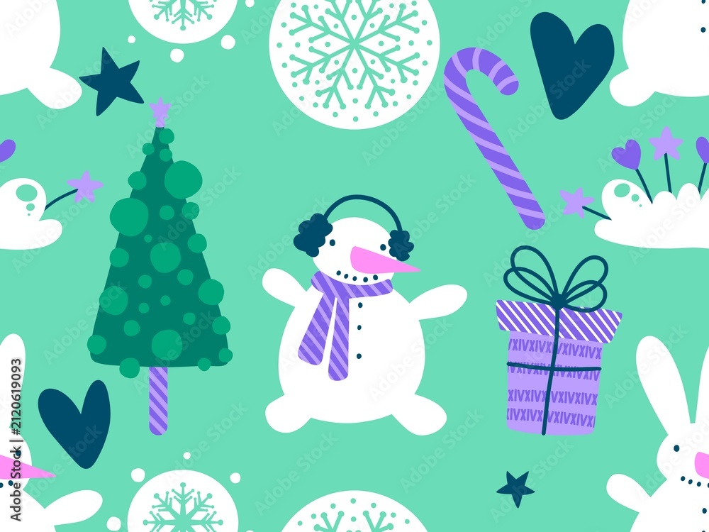 Fototapeta premium Christmas cartoon ice seamless snowman pattern for wrapping paper and fabrics