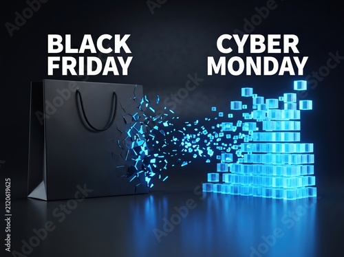 Black friday to cyber monday shopping transformation background with breaking bag into digital blocks for banner and online promotion design