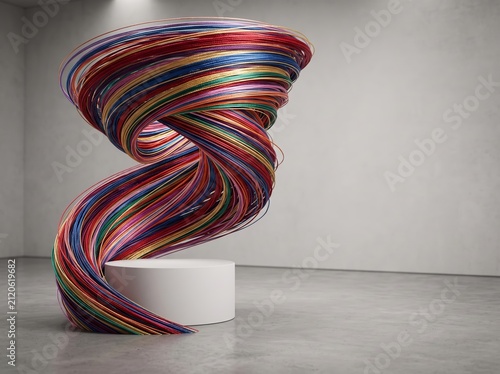 Colorful silk thread sculpture on pedestal for abstract background and modern gallery display design