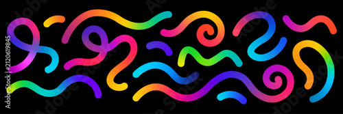 Ultra Wide Abstract Neon Gradient Ribbon Curves on Black Background Modern Panoramic Decorative Banner Design