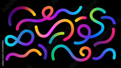 Wide Abstract Neon Gradient Curved Ribbon Elements on Black Background Modern Colorful Decorative Banner Design