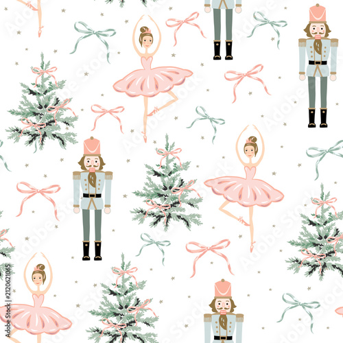 Christmas seamless pattern, Nutcracker, ballerina, fir trees, pink bows, stars, white background. Vector illustration. Festive design. Season greeting. Winter holidays wrapping