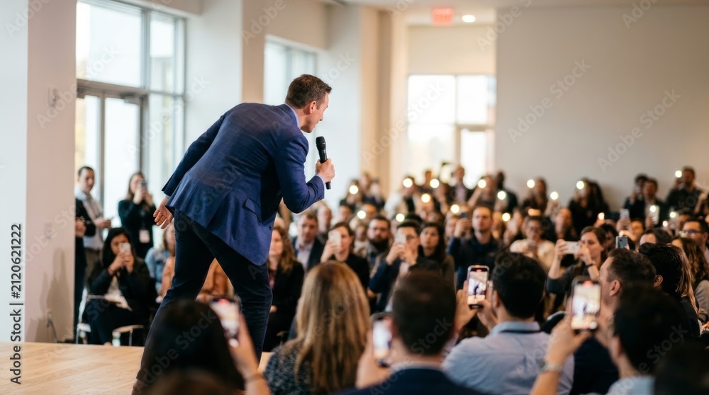 Obraz premium Speaker engaging a recording audience, modern community event with phones capturing the moment, lifestyle shot