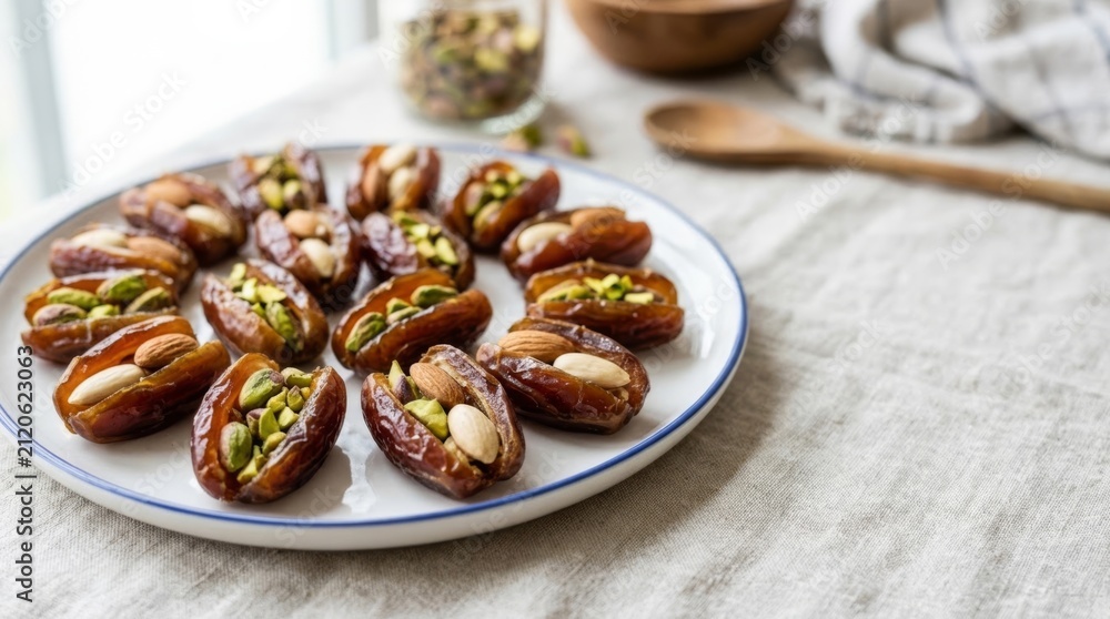 Fototapeta premium Dates stuffed with almonds and pistachios on a dessert platter, a healthy sweet snack.