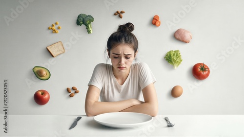 Sad woman feeling aversion to food. Girl struggling with eating disorder and arfid sitting before empty plate. Mental health struggle and dietary challenge with variety of healthy nutrition.