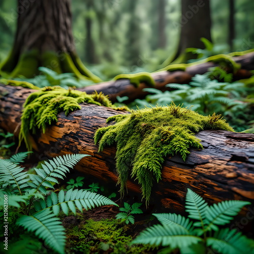 Moss‑Covered Fallen Log with Ferns in Lush Forest