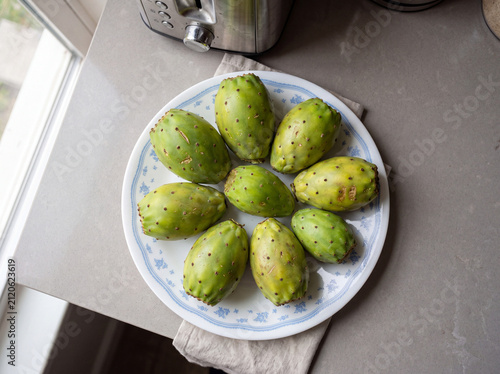 Fresh Green Prickly Pear Fruits on Decorative Ceramic Plate