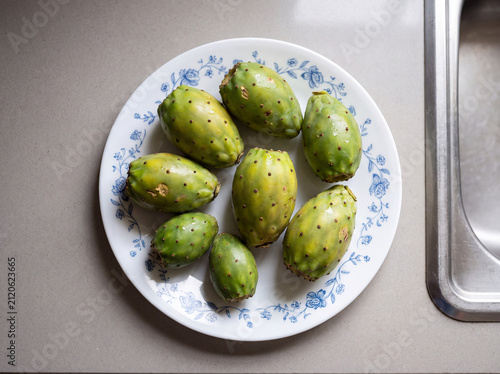 Fresh Green Prickly Pear Fruits on Decorative Ceramic Plate