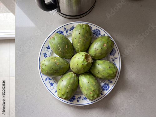Fresh Green Prickly Pear Fruits on Decorative Ceramic Plate