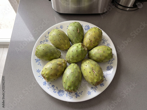 Fresh Green Prickly Pear Fruits on Decorative Ceramic Plate