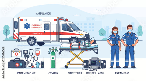 Принти на полотні Paramedic team and ambulance with medical equipment, emergency medical services,