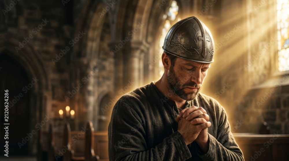 Obraz premium Medieval knight in armor praying solemnly inside an ancient church or cathedral with stained glass window light