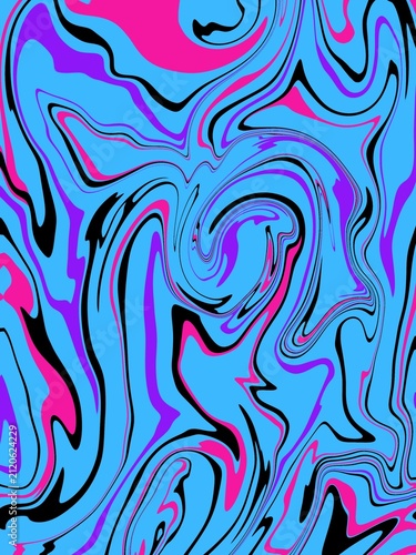 Abstract bright blue and pink liquid marble pattern with purple swirls and black lines background