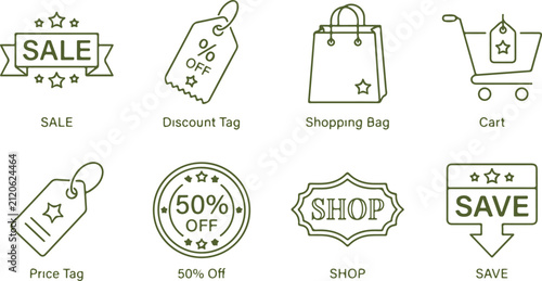 Shopping icons for sale discount price tag cart shopping bag and save promotions with percentages.
