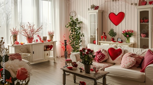 Romantic Valentine's Day Themed Cozy Living Room Decor With Red Hearts and Roses