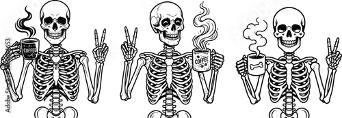 Skeleton vector icon-Skeletons holding steaming hot coffee mugs and showing peace sign gestures