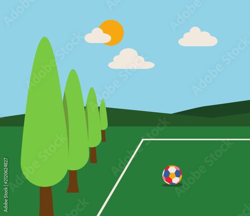 Soccer Ball on the Sideline of a Rural Football Field with Countryside Landscape