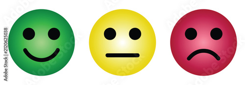 Foto Emotions on Display: Three emoticons representing happiness, neutrality, and sadness are presented side by side, illustrating a spectrum of human feelings