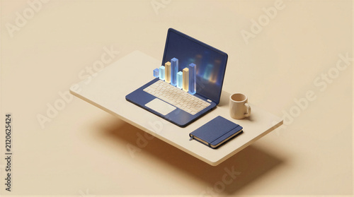 Laptop showing 3D bar chart on floating table with notepad and mug. Digital data analysis and business growth visualization. Corporate finance monitoring and professional statistics concept
