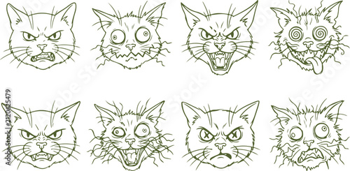 Set of eight hand-drawn cartoon cat faces with various expressive emotions like anger fear and confusion line art.