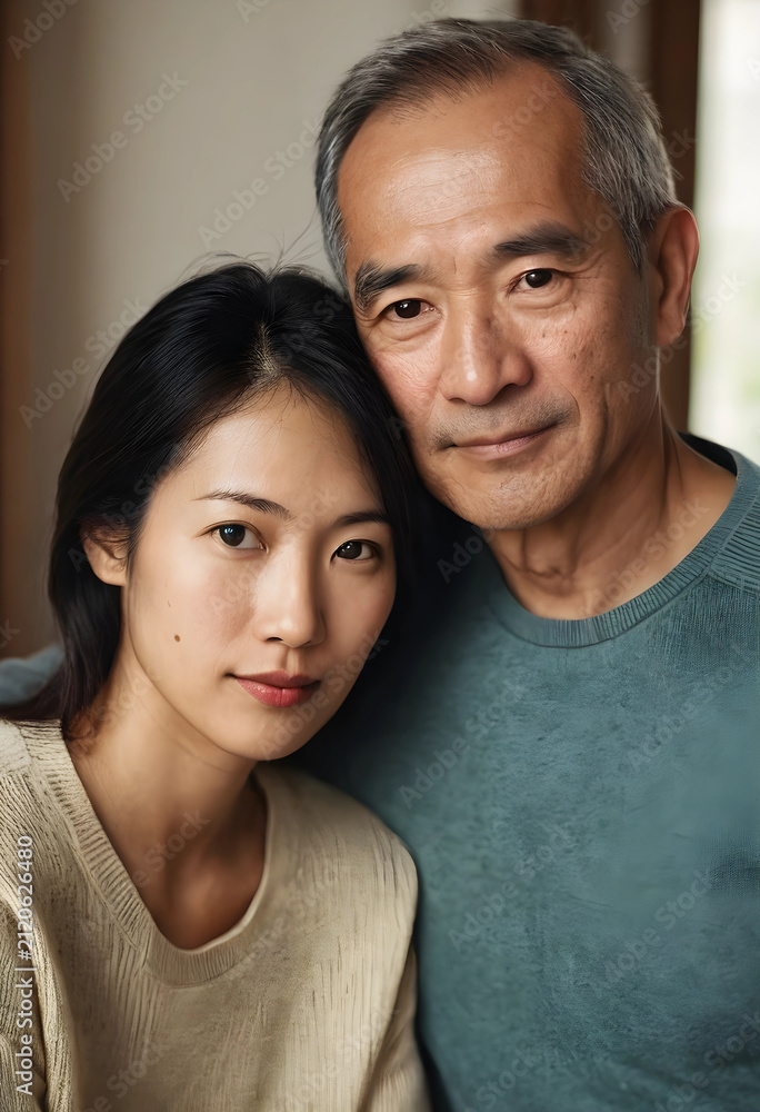 Obraz premium Close up portrait of an asian father and daughter together, family bonding and generational connection