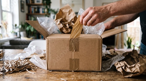 Man sealing a cardboard box with tape for shipping or storage in a home environment