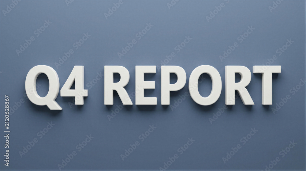 Fototapeta premium Q4 report text lettering on blue background. Three dimensional white letters indicating fourth quarter financial review. Business presentation concept for corporate fiscal performance analysis