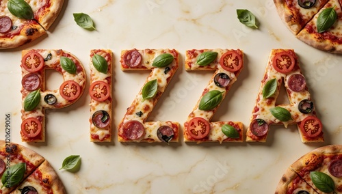 Word pizza spelled capital letters white marble surface arranged way form each letter topped slice pepperoni c