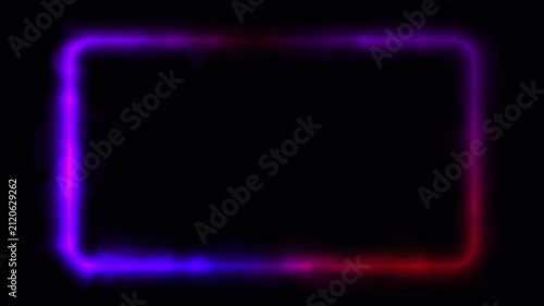 Abstract neon glowing rectangle frame moving red and blue light on black background