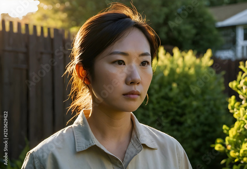Young asian woman with serious expression standing outdoors in golden hour sunlight, natural light portrait, the natural sunlight creates a warm glow around her hair and shoulders