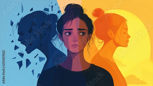 Woman experiencing emotional duality and mood swings representing borderline personality disorder. Mental health illustration showing internal conflict, sadness, anger, and inner peace.